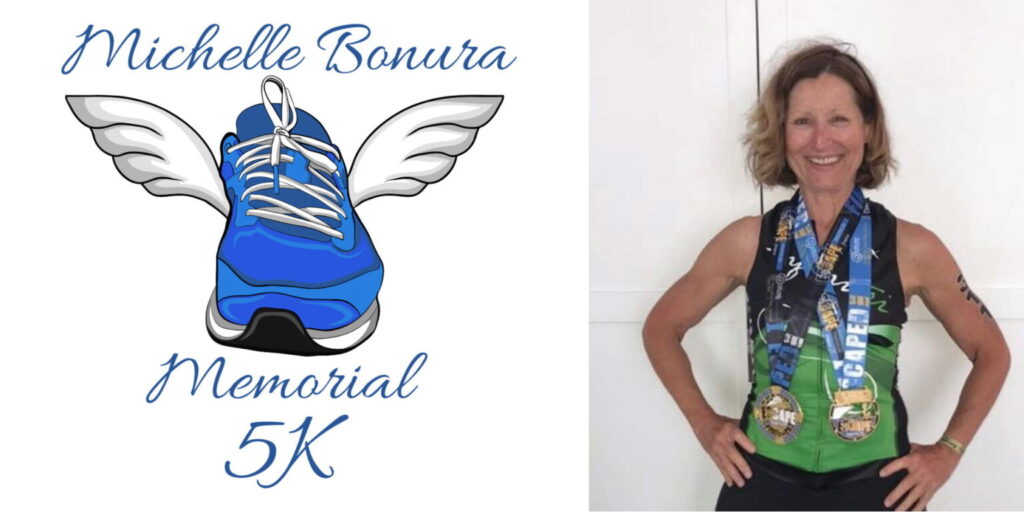 A drawing of a blue sneaker with wings next to a woman wearing medals awarded for running a race with her hands on her hips and a big smile