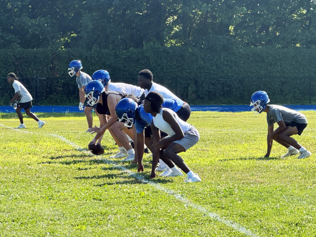 High school football players in blue and white jerseys line up for a play. The grass is green beneath their feet, and the sun is shining.