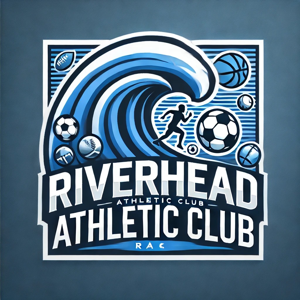 Riverhead Athletic Club's new logo. In a white-rimmed square, a Blue Wave crests to the right. A silhouetted figure beneath the crest of the wave runs right as well. Several different types of sport balls — soccer, basketball, tennis, softball — dot the areas around, in front of and behind the wave. In the bottom half, 'Riverhead Athletic Club' is written in white and silver capped text. The entire logo is colored with whites, various shades of blue and black.